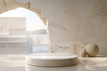 Obraz premium 3d rendering of a podium with a pampas grass and a rock formation in the background