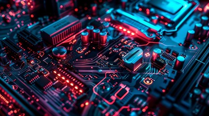 Obraz premium A close up circuit board with red and blue lights.