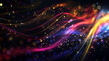 Naklejka premium Abstract background with colorful glowing lines and bokeh lights on a dark black space, depicting a futuristic technology concept.