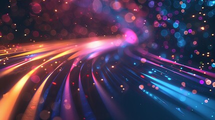 Obraz premium Abstract background with colorful glowing lines and bokeh lights on a dark black space, depicting a futuristic technology concept.