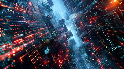 Obraz premium A digital city with red and blue lights.