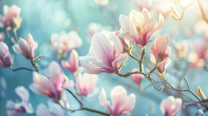 A photo of a magnolia tree in bloom with a blurred background.