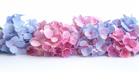 Obraz premium A row of blue and pink hydrangeas on a white background