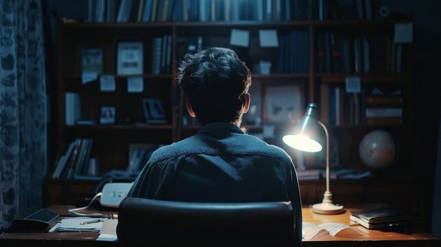 A man sits at his desk, staring at a blank piece of paper. He is surrounded by books and papers, and there is a lamp on his desk.