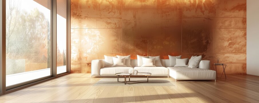 A modern living room with a large copper wall and a white sectional sofa