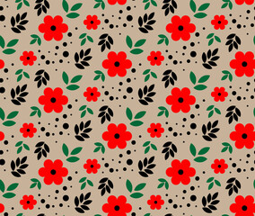 Vector seamless pattern red flower black leaves