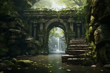 Tranquil Stone arch river water. Ancient town. Generate Ai