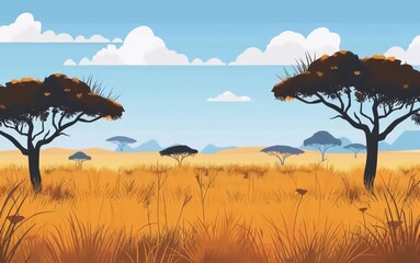 
Savannah with tall grass and scattered trees. African savanna landscape with trees. Vector illustration in a very beautiful flat style