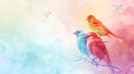 plantilla con fondo de acuarela con espacio para copia con un diseño de aves pájaros estilo romantico pajaros de colores que le dan un toque tierno  fondo para diseño invitación o decoración