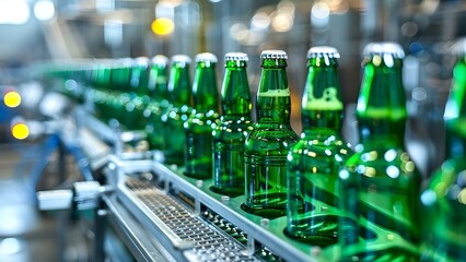 Green Beer Bottle Production Line Technology in a Factory Setting. Concept Green Beer Bottles, Production Line, Factory Technology, Glass Packaging, Manufacturing Process