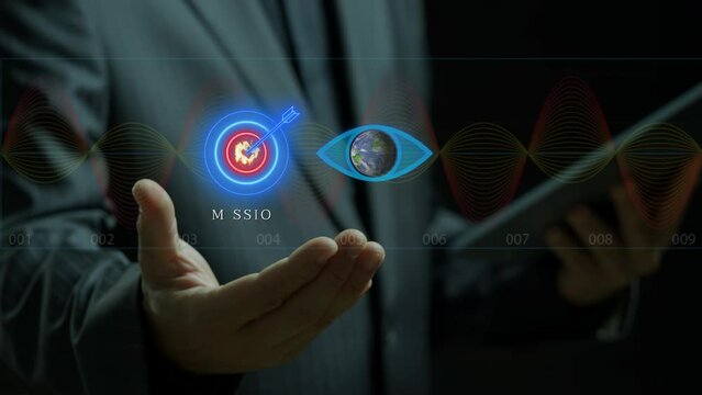 Purpose business concept. Corporate communications to specify policy and business direction. Businessman showing animation of mission, vision, values icons.