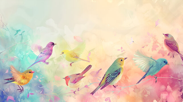 fondo de pajaros en ramas plantilla para dise&ntilde;o con espacio para copia el fondo es en tonos pastel y estilo de acuarela plantilla para dise&ntilde;o y decoraci&oacute;n fondo art&iacute;stico