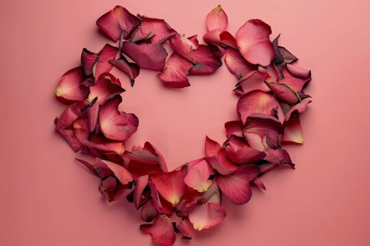 Dried red rose petals arranged in a heart shape on a pink background.