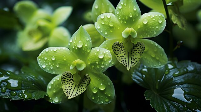 Green orchids with water droplets on transparent background
