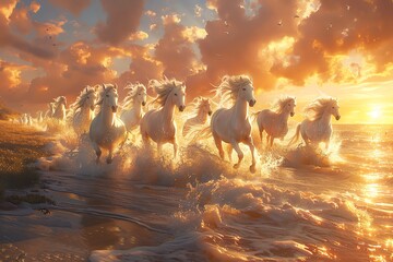 Herd of unicorns galloping across a golden prairie, sunset hues