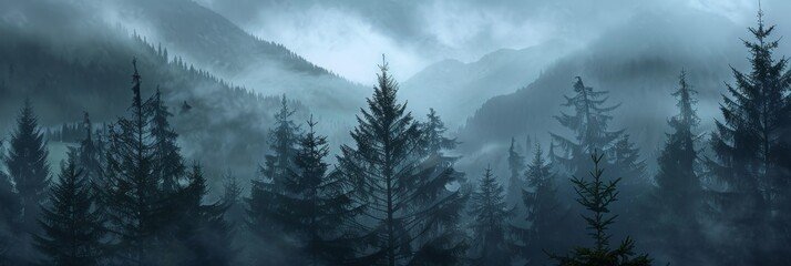 Misty foggy forest, fir mountains, natural mist landscape, dark woods view, mystery clouds on pine...