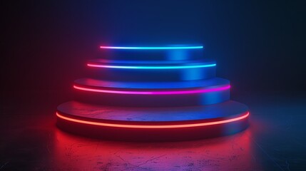 A glowing blue and pink neon light podium or stage on a dark background.