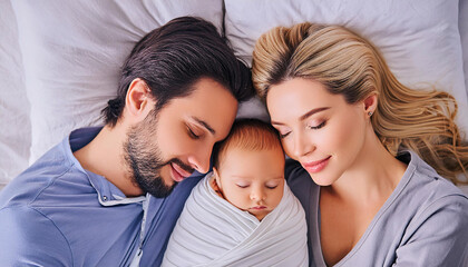 A serene portrait of parents with their happy, peaceful, and calm baby