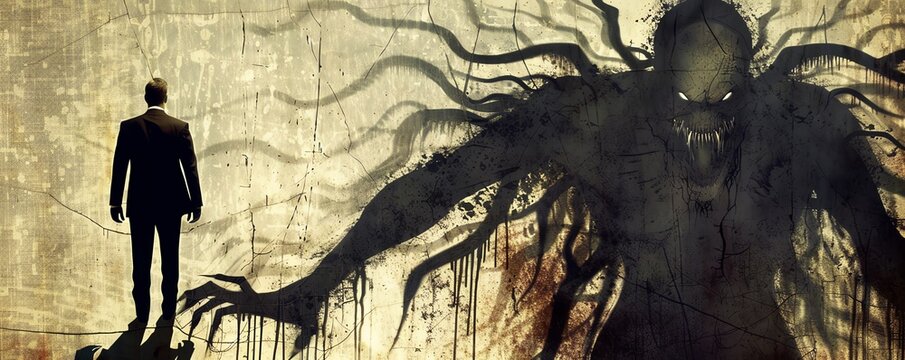 A dark figure with long, spindly arms and legs stands in a menacing pose. The figure appears to be made of shadows and has a skull-like face.