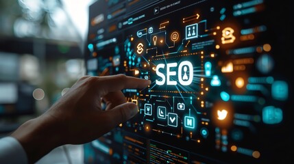 Futuristic scene of a hand engaging with a 3D SEO text interface, icons for optimization tools and social media floating around in a digital workspace