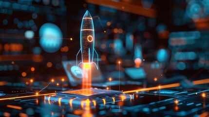 High-tech scene of a rocket icon projected in 3D, surrounded by holographic business icons, including laptops and smart devices, representing modern entrepreneurship