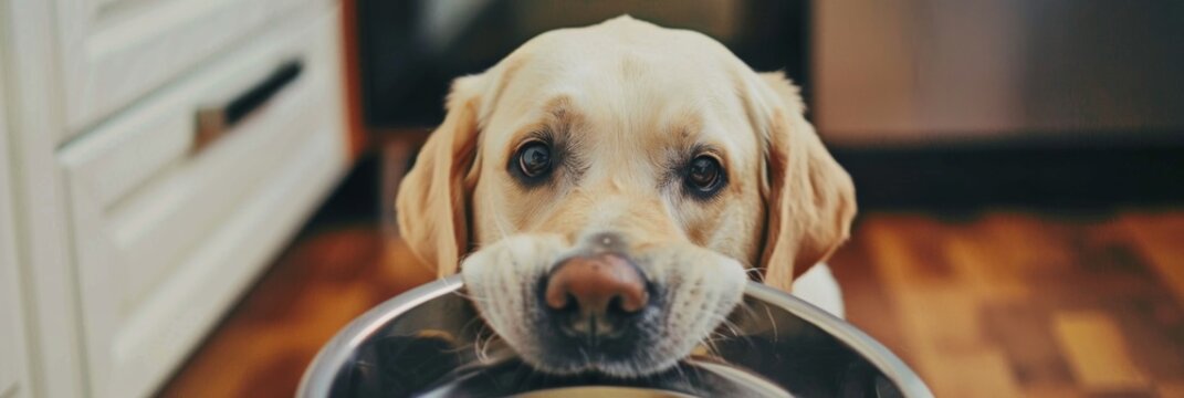 Hungry dog with sad eyes is waiting for feeding. Cute pet holding dog bowl in his mouth at home