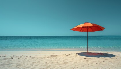 Lone beach umbrella against a pristine white sand background, minimalist style
