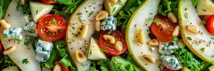 Fruit Salad with Sliced Pears, Gorgonzola Cheese, Greens and Pine Nuts Close Up. Fruit Salat