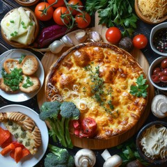 Ossetian Pie with Cheese, Steamed Vegetables, Champignons Baked with Gouda and Snacks, Vegetables