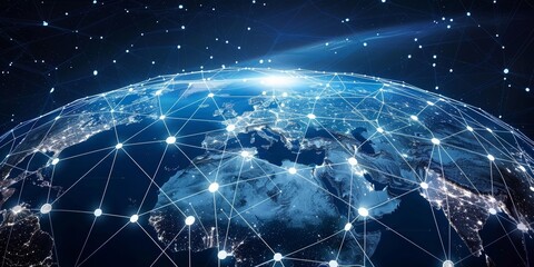 A digital composite of planet Earth at night showing the major cities and their connections.