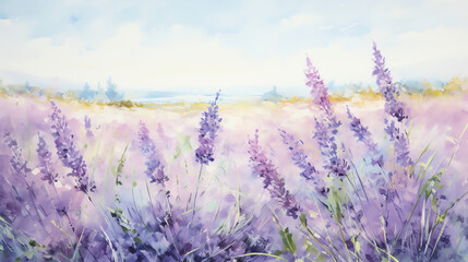 Obraz premium A loose, impressionistic watercolor artwork of a field of lavender swaying in the gentle breeze