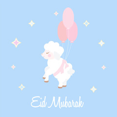 A little sheep, lamb, happy and flying on ballons. Vector illustration for Eid Mubarak, Eid AL Adha Mubarak, Muslim holidays.