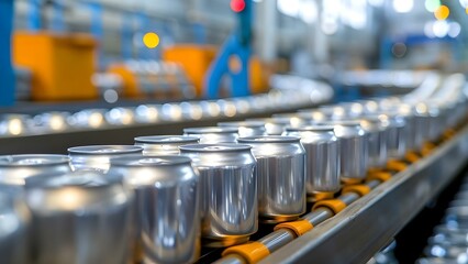 Aluminum cans moving along conveyor belt in beverage manufacturing factory. Concept Manufacturing Process, Conveyor Belt, Aluminum Cans, Beverage Industry, Production Line