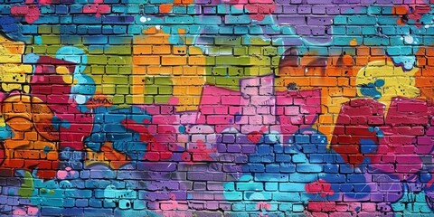A colorful brick wall with graffiti.