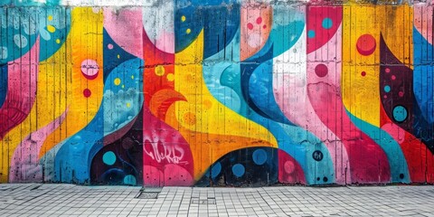 Create a colorful and vibrant mural on a concrete wall, featuring a variety of abstract shapes and patterns.