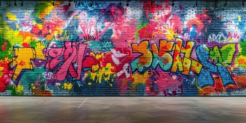 A colorful graffiti covered brick wall with bright splashes of paint and intricate designs.