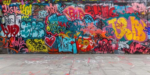A colorful and vibrant brick wall covered in graffiti and street art.