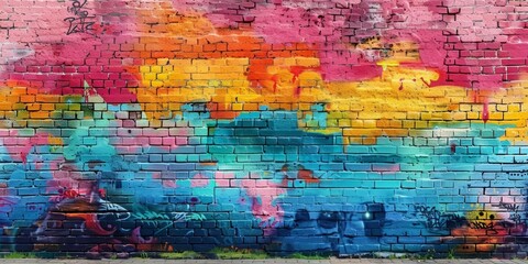 Create a vibrant and colorful graffiti mural on a brick wall, featuring a blend of abstract shapes and patterns