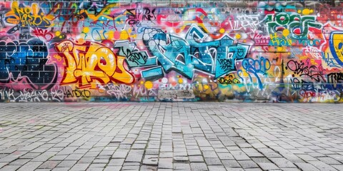 A colorful graffiti covered brick wall with a brick floor in front of it. - obrazy, fototapety, plakaty