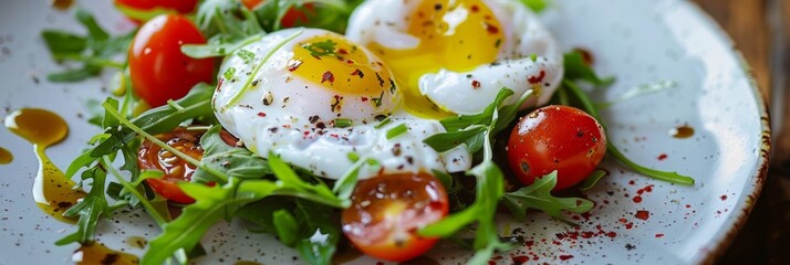 Salad with poached egg, sweet bell pepper, lettuce and cherry tomatoes. Restaurant starter menu