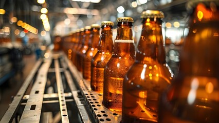 Brewing and bottling beer in a glass bottle manufacturing facility. Concept Beer Production, Glass Manufacturing, Bottling Process, Facility Operation