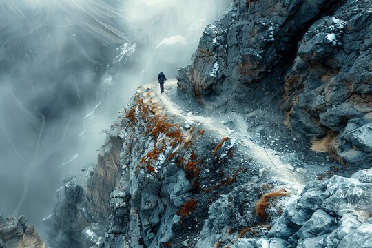 Lone climber ascending a rugged mountain path, dramatic overhead view