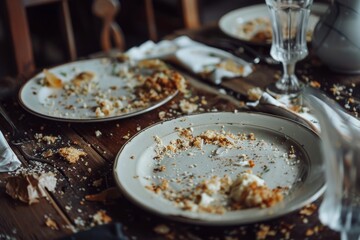 The remains of food in plates, crumbs on the table after lunch or dinner.
