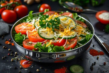 Cheese Vegetables Salad, Sliced Tomatoes, Cucumbers, Lettuce Leaves, Dry Aromatic Herbs