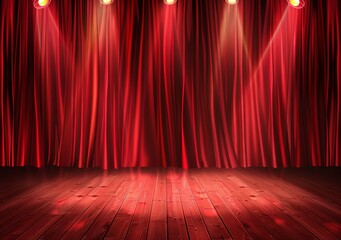 The red curtain of the theater stage is illuminated by lights, creating an atmosphere for drama and celebration