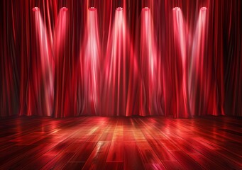 The red curtain of the theater stage is illuminated by lights, creating an atmosphere for drama and celebration