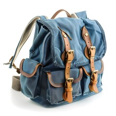 Blue School Bag Equipment on white background generative AI