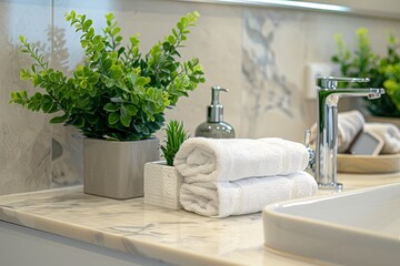 Potted artificial plants, rolled towels and soap near sink on bathroom vanity. Clean soft towels,...