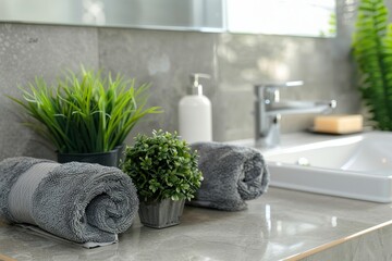 Potted artificial plants, rolled towels and soap near sink on bathroom vanity. Clean soft towels,...