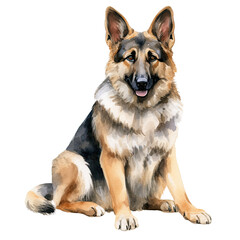 AI-Generated Watercolor German Shepherd sitting Clip Art Illustration. Isolated elements on a white background.